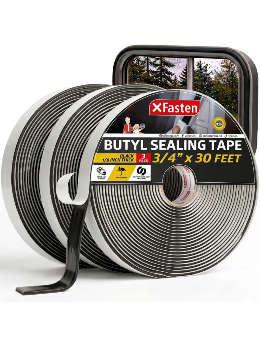 Stretchable Black Butyl Putty Tape 1/8" x 3/4" - 30' Sealant for RVs, Pools